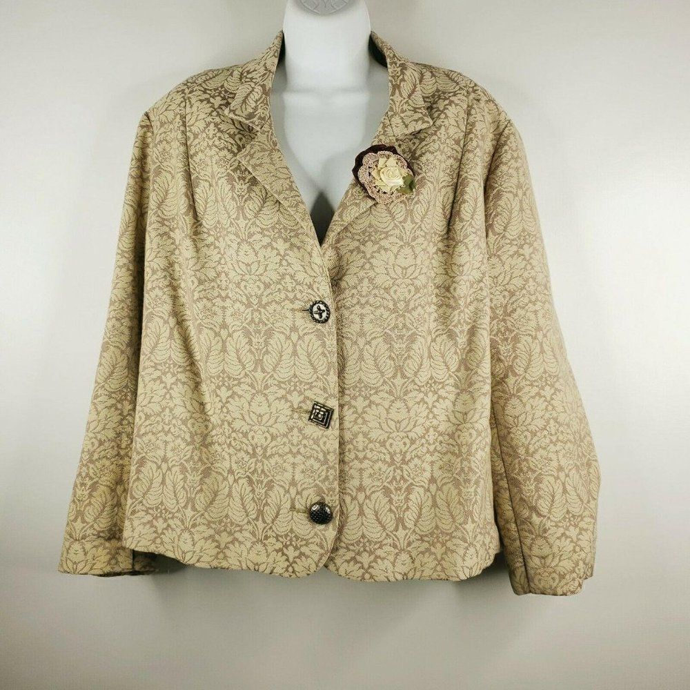 Vintage 80s Surrealist Taupe Beige Tapestry Swing Coat Sz 2 Floral Fabric Brooch